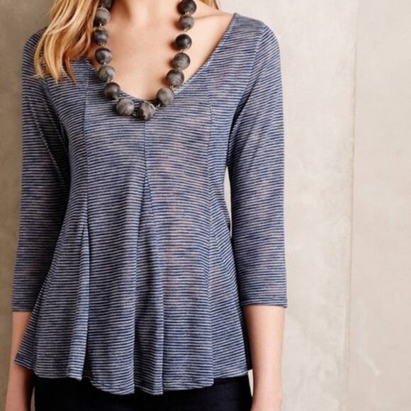 Puella Anthropologie Blue White Striped V-Neck Swing Top Small NWT - Picture 1 of 6